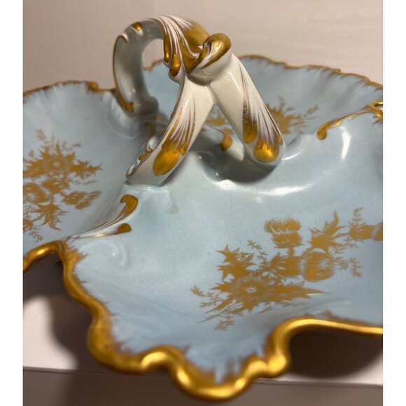 Limoges France Handled Divided Dish Blue Porcelain 11" Gold Trim Scalloped Edge - Picture 4 of 9